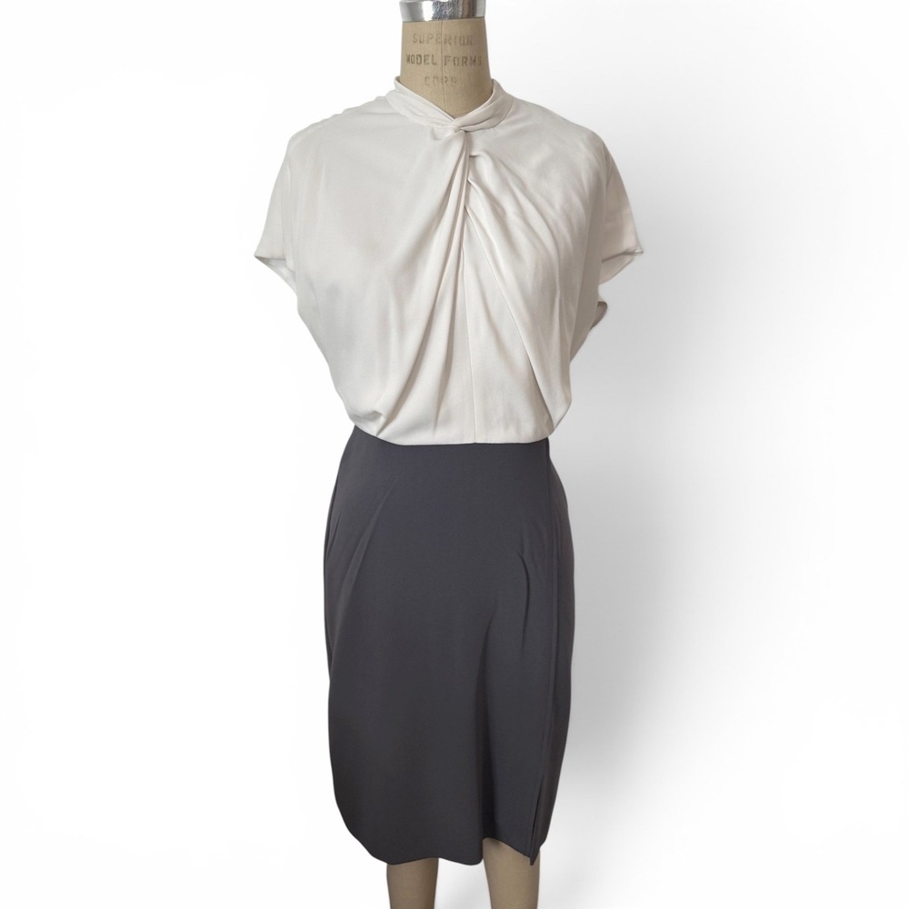 MM. LaFleur Dress Womens 6 Adelaide Two-Tone Twist Neck Sheath Ivory and Grey